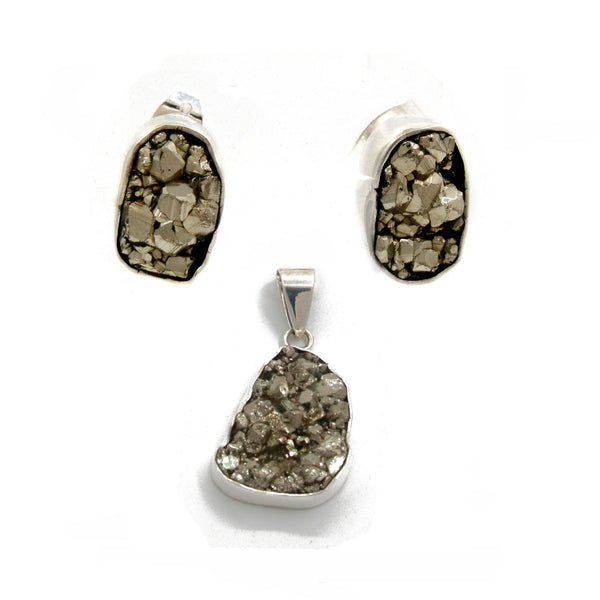 Juego Aretes y Dije Con Piedra Pirita de Plata .925