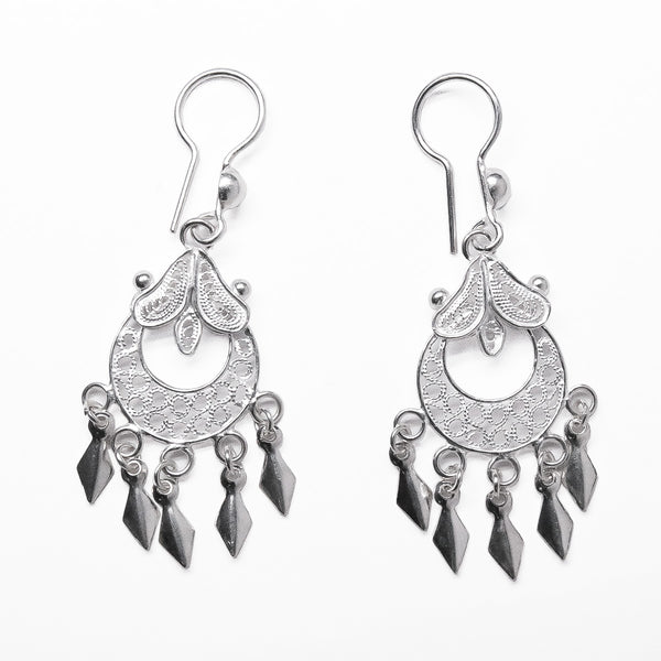 Aretes Filigrana Flor Media Luna Rombos de Plata .925