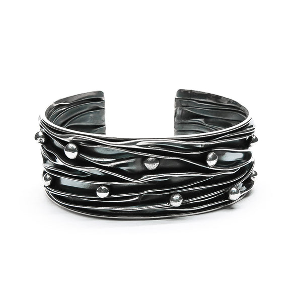 Brazalete Corrugado con Bolitas Oxidado de Plata .925