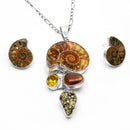 Juego Aretes y Dije Fósil Amonita Ámbar Pirita y Circonia de Plata .925