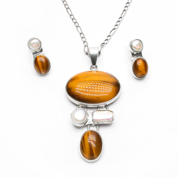 Juego Aretes y Dije Ojo de Tigre de Plata .925