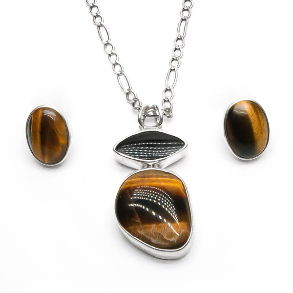 Juego Aretes y Dije Piedra Ojo de Tigre de Plata .925